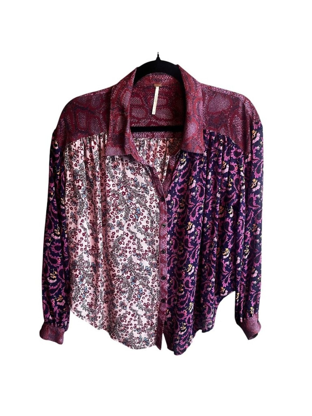 Free People Tunic Top Womens Size XS Multicolor Floral Patchwork Button Up Boho